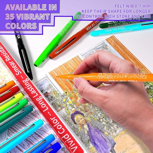 أقلام برأس من اللباد 35 لونًا، أقلام تحديد ملونة ممتازة ذات نقاط دقيقة لليوميات وتدوين الملاحظات والرسم. لوازم فنية بالقلم الملون للمدرسة والمكتب in Kuwait