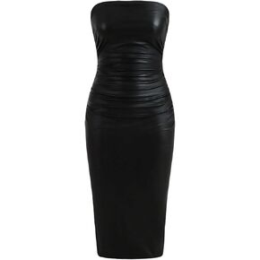 SOLY HUX Sexy Faux Leather Dress for Women Bodycon Dresses Strapless Leather Tube Dress Midi Long Party Club Dress
