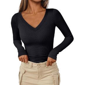 AUTOMET Womens Long Sleeve Shirts Fall Outfits Fashion Tops V Neck Ribbed Basic Casual Clothes Winter Underscrub