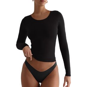 REORIA Womens Basic Crew Neck Long Sleeve Shirts Double Lined Crop Tops Tight Shirt Fall Outfits 2024