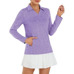 Womens Long Sleeve Golf Shirt Quick Dry V Neck Workout Tennis Tops with Pockets