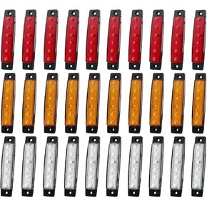 (Pack of 30) TMH 3.8 Inch 10 Amber + 10 Red + 10 White Side Marker Lights 6 LED 2835 SMD Clearance Lamps for Truck Trailer RV Campervan Pickup Tractor SUV 12V DC Shockproof TK12