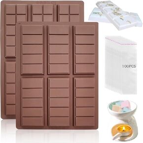 Wax Melt Molds Silicone,Chocolate Bar Mold for Stuffed Bar,Chocolate Candy Molds,Thick Silicone Candle Mold with 100pcs Storage Bags （2 Style）