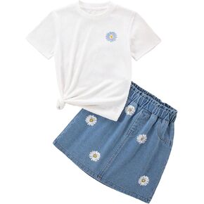 Verdusa Girl's 2 Piece Outfits Floral Print Short Sleeve Tee Top and Denim Skirt Set