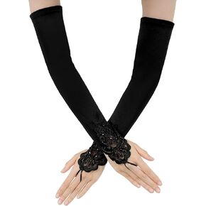 Long Fingerless Gloves Opera Gloves for Women Black Elbow Length Gloves Arm Gloves for Women Long Opera Party 20s Satin Gloves 1920s Women Stretchy Fingerless Long Gloves for Bridal Wedding Party