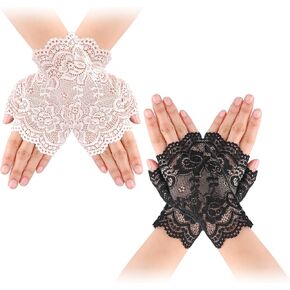 2 Pairs Short Lace Gloves Tea Party Black white lace fingerless gloves for women Floral Bridal Elegant Fingerless Lace Gloves 1920s 20s Evening Party Halloween Costume Dinner Prom Masquerade