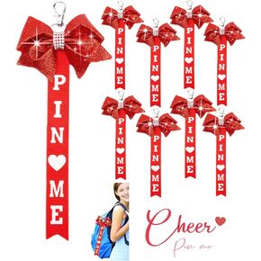 8PCS Cheer Pin Me Ribbon Cheerleader Pin Me Bow Cheer Bow Keychain with Rhinestones Cheerleading Sports Accessory Gift