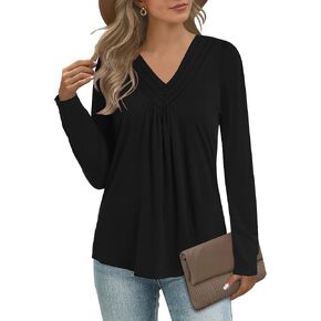Micoson Womens Casual Long Sleeve Shirts Pleated Button V Neck Tunic Tops Fall 2024