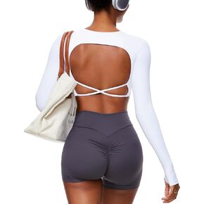 Women Backless Long Sleeve Workout Tops Gym Shirt Athletic Clothes Built in Bra Open Back Crop Top Yoga Sport Tops