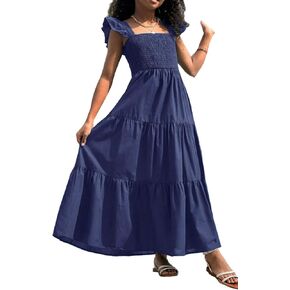 RETSUGO Girls Dresses Summer Flutter Sleeve Swing Casual Solid Color Tiered Smocked Dress 6-12 Years Old
