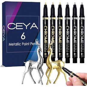 Ceya Chrome Paint Markers, 3 Gold & 3 Silver Liquid Mirror Paint Pens, Permanent Reflective Pen Metallic Marker 2-3mm for Model Repairing,Rock Painting,Wood,Canvas,Epoxy Resin, DIY Nail Art,Car Supply