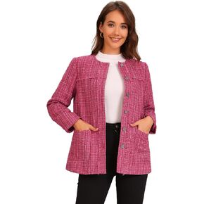 Allegra K Tweed Jacket for Women's Single Breasted Collarless Fringed Casual Business Blazer