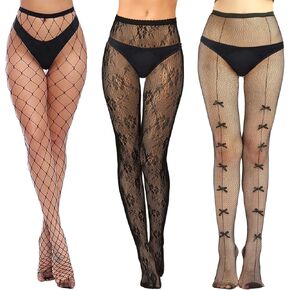 3 Pairs Patterned Fishnet Stockings High Waist Black Fishnet Tights for Women Thigh High Pantyhose