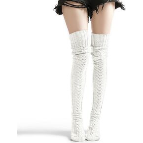 VIBILIA Thigh High Socks Cable Knit Boot Socks Over the Knee Extra Long Leg Warmers for Women Winter Warm Fashion - White