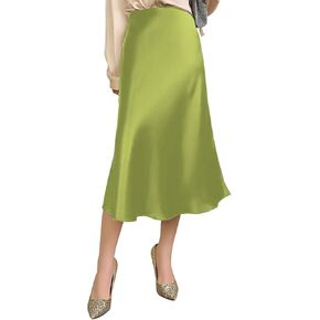 Womens Silky Satin Midi Skirt High Waist Elastic Waist A Line Skirt in Kuwait