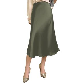 Womens Silky Satin Midi Skirt High Waist Elastic Waist A Line Skirt