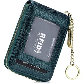 Genuine Leather Card Holder Wallet, RFID Protected Zipper Card Case with ID Window & Detachable Keychain for Women (Red)