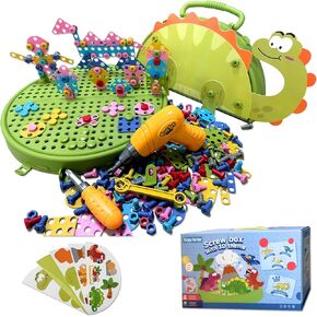 Magic Montessori Play Toolbox, Montessori Toolbox with Drill, 211 Pieces Dinosaurs Theme Screwdriver DIY Building Toys, Creative Mosaic Electric Drill Set Gift for Age 3-8 Years Old Boys Girls, Kids