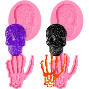 Patelai 4 Pieces 3D Skeleton Hands Skull Halloween Silicone Fondant Molds Halloween Party Chocolate Candy Clay Moulds for DIY Chocolate, Cake, Pudding, Ice Cream, Epoxy Resin Mould (White)