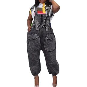 Lachmose Womens Overalls Denim Loose Fit Wide Leg Bib Baggy Jeans Jumpsuit Comfy in Kuwait
