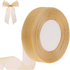 Gold Ribbon, 50 Yards Gift Wrap Ribbon 1 Inch, Sheer Festival Gift Basket Chiffon Flower Bouquet Ribbon, Organza Ribbon for Gift Wrapping Festive Bouquet Celebration Invitation Decorations