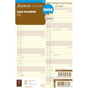 Filofax Calendar Diary Refill, A5 Size, Vertical Year Planner, Cotton Cream Paper, English, 2025 (C68508-25)