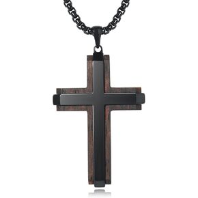 Wooden Cross Necklace for Men, Real Ebony Mens Cross Necklaces Black Stainless Steel Christian Wood Crucifix Pendant, with Necklace 24" Round Box Chain