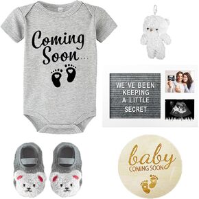 Pregnancy Announcements Set Pregnancy Reveal Ideas Include Felt Letter Board Kit Baby Bodysuit Baby Booties Photo Frame Bear Plush Baby Wood Blocks for Coming Soon Baby Announcement