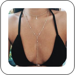 Andelaisi Boho Layered Moon Necklace Chain Silver Crescent Y Necklace Moon Crescent Necklace Long Satellite Chain Lariat Necklace Jewelry for Women