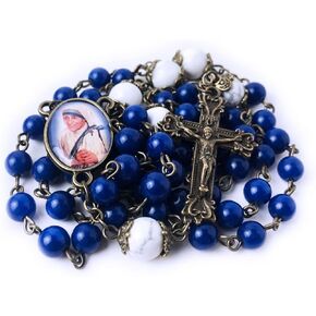 Mother Teresa Catholic Rosary, Blue Jade and White Howlite Stone Beads