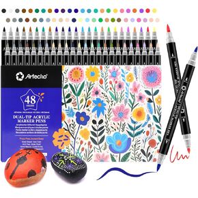Artecho Acrylic Paint Pens 48 Colors, Dual Tip Acrylic Paint Markers with Brush Tip and Fine Tip for Rock Painting, Glass, Paper, Wood, Egg, Canvas, Ceramic, Fabric, leather, DIY Crafts