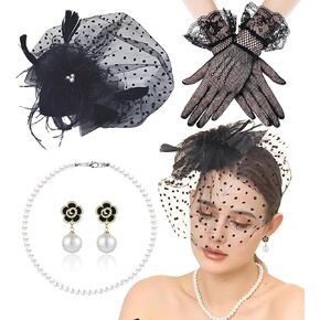 Fascinators Hats 20s 50s Hat Tea Party Accessories Kentucky Derby Decorations 1920s dresse Headwear with Veil Gloves Pearl Jewelry Set for Girls and Women