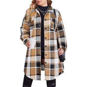 Zeagoo Womens Plus Size Flannel Plaid Button Down Shirts Long Sleeve Lounge Lapel Tartan Shacket Jacket Long Coats 2024