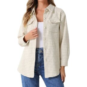 Allegra K Plaid Jacket for Women's Tweed Long Sleeve Button Down Loose Winter Shacket Jacket