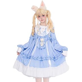 Girl's Sweet Bear Bow Lolita Dress Cute Lace Ruffle Long Sleeve Chiffon Princess Dress Anime Party Fairytale Style Dresses