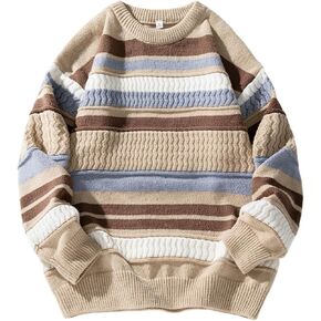 Arssm Mens Vintage Sweater Oversized Striped Knit Sweaters Crewneck Blouses Fall Pullover Tops Color Block Knitwear in Kuwait