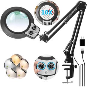 KIRKAS 10X Magnifying Glass with Light, KIRKAS Any Color Modes & Stepless Dimming LED Magnifying Lamp with Clamp, Hands Free Lighted Magnifier Glass Lens for Crafts Hobby Reading Painting Close Work
