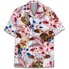 PIGO Cow Hawaiian Shirts for Men, Tropical Cow Button Down Shirt Men, US Flag Men's Hawaiian Shirt Short Sleeve