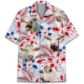 قمصان PIGO Cow Hawaiian للرجال، قميص هاواي بأزرار سفلية على شكل بقرة استوائية للرجال، قميص هاواي رجالي بعلم الولايات المتحدة بأكمام قصيرة in Kuwait