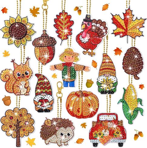 Whaline 15Pcs Fall Diamond Drawing Keychain Kit Autumn Gnome Animal Plants Fall 5D DIY Diamond Art Ornaments Rhinestone Mosaic Making Full Drill Diamond Key Chain for Kids Crafts Gifts Party Supplies in Saudi Arabia