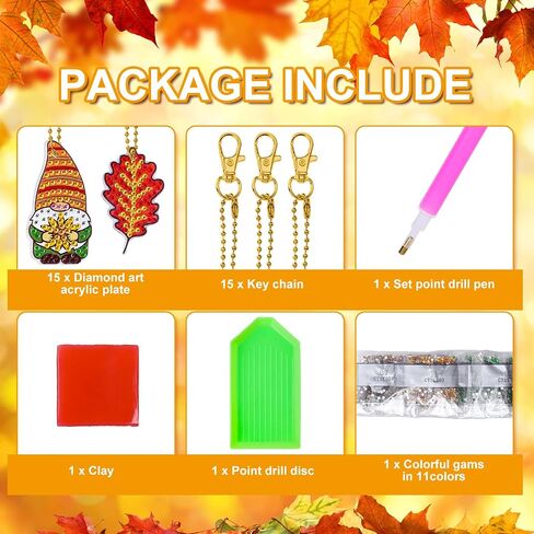 Whaline 15Pcs Fall Diamond Drawing Keychain Kit Autumn Gnome Animal Plants Fall 5D DIY Diamond Art Ornaments Rhinestone Mosaic Making Full Drill Diamond Key Chain for Kids Crafts Gifts Party Supplies in Saudi Arabia