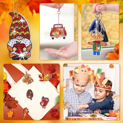 Whaline 15Pcs Fall Diamond Drawing Keychain Kit Autumn Gnome Animal Plants Fall 5D DIY Diamond Art Ornaments Rhinestone Mosaic Making Full Drill Diamond Key Chain for Kids Crafts Gifts Party Supplies in Saudi Arabia