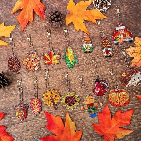 Whaline 15Pcs Fall Diamond Drawing Keychain Kit Autumn Gnome Animal Plants Fall 5D DIY Diamond Art Ornaments Rhinestone Mosaic Making Full Drill Diamond Key Chain for Kids Crafts Gifts Party Supplies in Saudi Arabia
