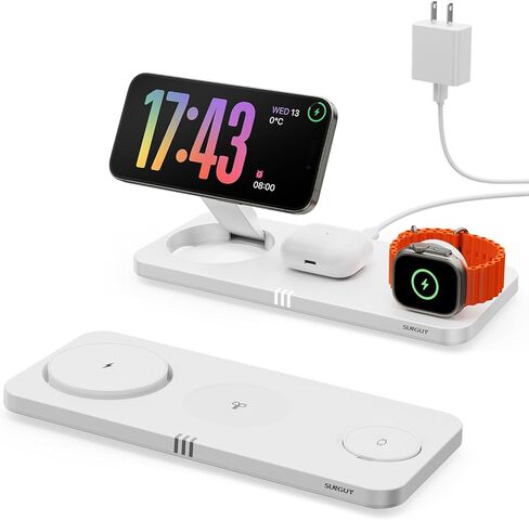 محطة شحن لاسلكية 3 في 1 شاحن لاسلكي مغناطيسي سريع 15 وات، قابل للطي للسفر لشاحن MagSafe لهاتف iPhone 16/15/14/13/12 Pro Max Plus، iWatch S10/Ultra - S2، AirPods 4/Pro/3/2 in Kuwait