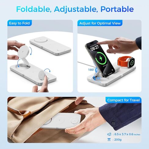 محطة شحن لاسلكية 3 في 1 شاحن لاسلكي مغناطيسي سريع 15 وات، قابل للطي للسفر لشاحن MagSafe لهاتف iPhone 16/15/14/13/12 Pro Max Plus، iWatch S10/Ultra - S2، AirPods 4/Pro/3/2 in Kuwait