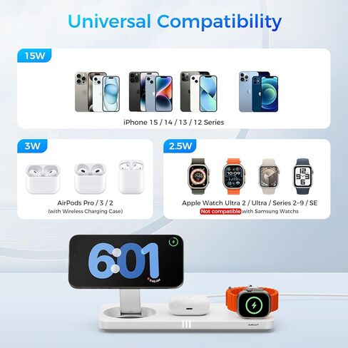 محطة شحن لاسلكية 3 في 1 شاحن لاسلكي مغناطيسي سريع 15 وات، قابل للطي للسفر لشاحن MagSafe لهاتف iPhone 16/15/14/13/12 Pro Max Plus، iWatch S10/Ultra - S2، AirPods 4/Pro/3/2 in Kuwait