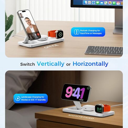 محطة شحن لاسلكية 3 في 1 شاحن لاسلكي مغناطيسي سريع 15 وات، قابل للطي للسفر لشاحن MagSafe لهاتف iPhone 16/15/14/13/12 Pro Max Plus، iWatch S10/Ultra - S2، AirPods 4/Pro/3/2 in Kuwait