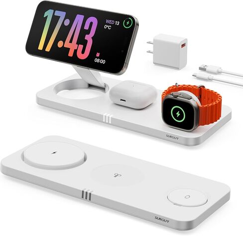 محطة شحن لاسلكية 3 في 1 شاحن لاسلكي مغناطيسي سريع 15 وات، قابل للطي للسفر لشاحن MagSafe لهاتف iPhone 16/15/14/13/12 Pro Max Plus، iWatch S10/Ultra - S2، AirPods 4/Pro/3/2 in Kuwait
