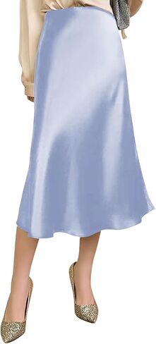 Womens Silky Satin Midi Skirt High Waist Elastic Waist A Line Skirt in Kuwait