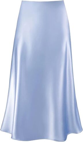 Womens Silky Satin Midi Skirt High Waist Elastic Waist A Line Skirt in Kuwait